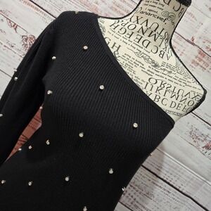 One Shoulder Black Rhinestone Ribbed y2K Knit Top Womens Size S‎